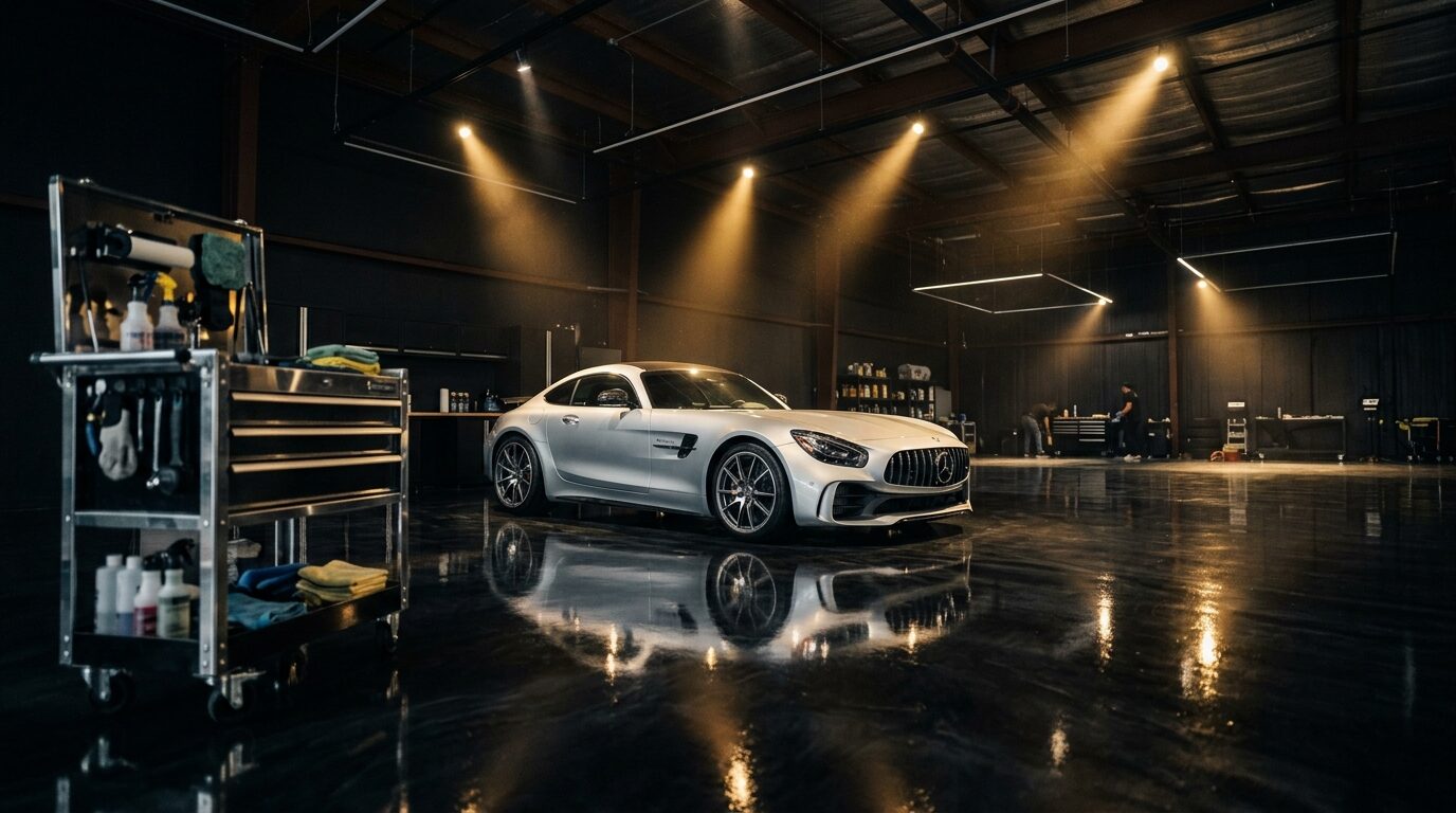 Wide view of the Xtreme detailing studio floor with gold ceiling spotlights